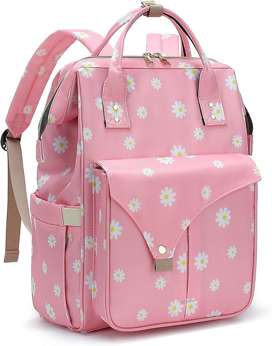 Flowers Laptop Backpack College School Backpack Bookbags Nurse Backpacks Travel Bags for Women Girls Fits 15.6 Inch Notebook (Daisy Pink)