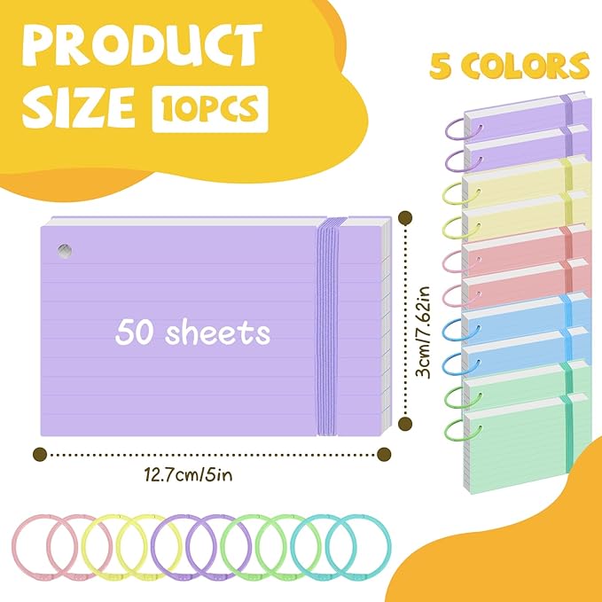 10 Pack Index Cards 3x5 Inches, 600 Pcs Waterproof Poly Cover Ruled Note Cards with Elastic Band Closure, Heavy Notecards with Rings Flash Cards for Studying Office Home School College