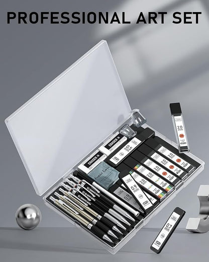 Four Candies 25PCS Art Mechanical Pencil Set with Case, 3PCS Metal Artist Lead Pencil 0.5, 0.7, 0.9 mm & 3PCS 2mm Holder (HB 2H 2B 4B Color) with 432PCS Graphite Lead Refills for Drawing Sketching