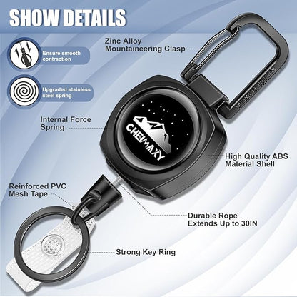 2 Pack Tactical ID Badge Reels, Cheimaxy Heavy Duty Carabiner Retractable Badge Holder, ID Card Holder, Retractable Keychain with 30IN Wire Rope, 8 OZ Weight Capacity