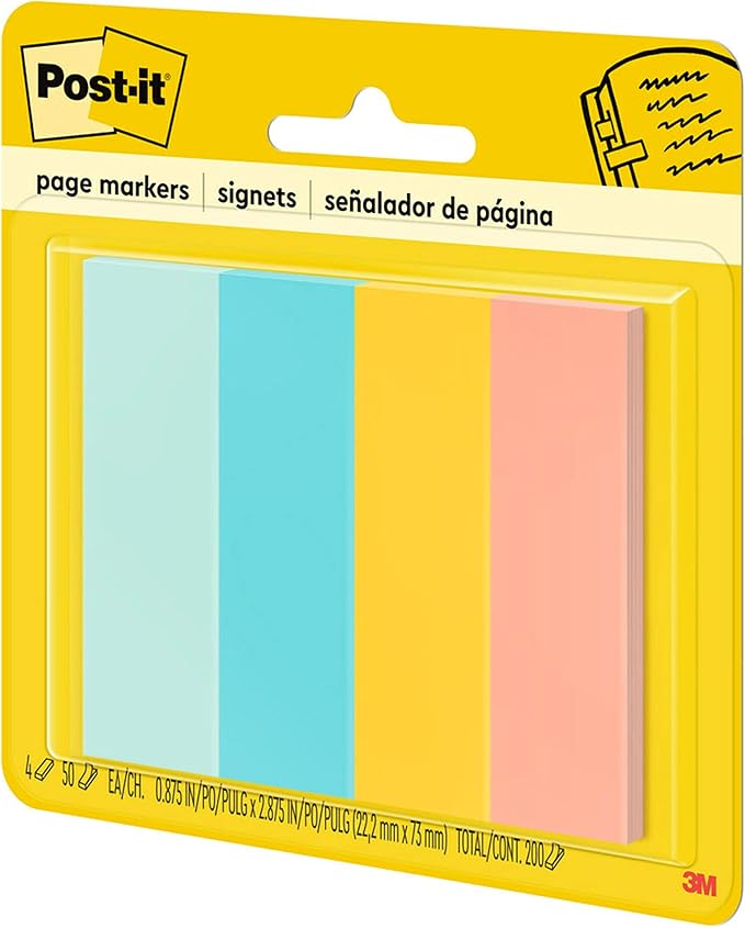 Post-it Page Markers, Assorted Colors, 1 in x 3 in, 50 Sheets/Pad, 4 Pads/Pack (671-4AF)