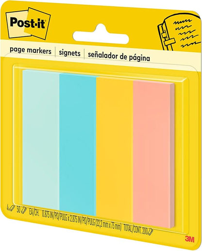 Post-it Page Markers, Assorted Colors, 1 in x 3 in, 50 Sheets/Pad, 4 Pads/Pack (671-4AF)