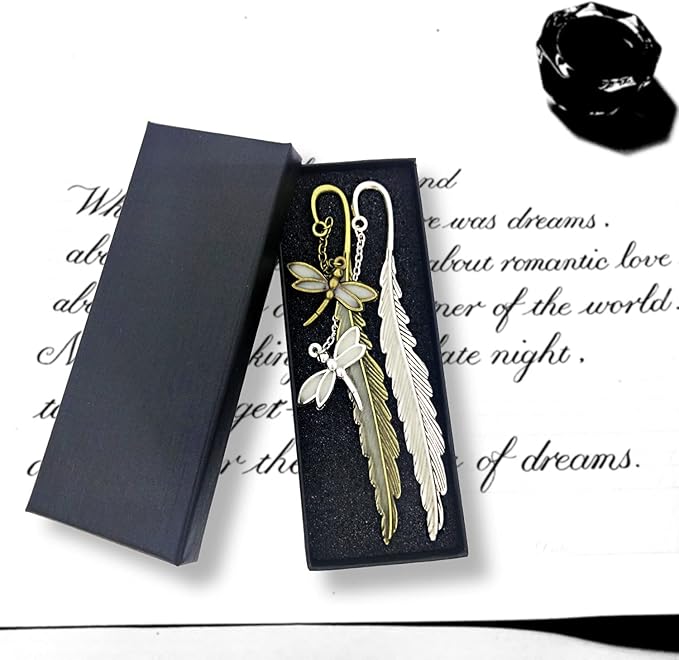2 Pack Vintage Feather Metal Bookmark, Unique Glow in The Dark Bookmark Gift for Men Women (Dragonfly 2 Pack)