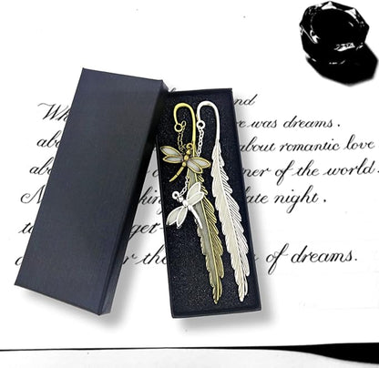 2 Pack Vintage Feather Metal Bookmark, Unique Glow in The Dark Bookmark Gift for Men Women (Dragonfly 2 Pack)