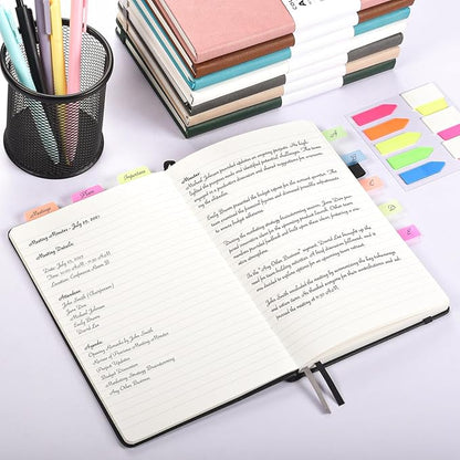 OMEYA Lined Journal Notebook, 3 Pack A5 College Ruled Notebooks for Work, Hardcover Notebook Each with 2 Pockets & Pen, Leather Journal for Women, Men, 160 Pages, 100GSM Thick Paper (Black)