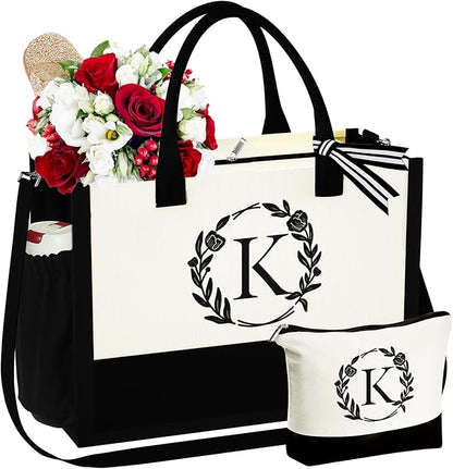 YOOLIFE Christmas Gifts for Women - Initial Canvas Tote Bag & Makeup Bag, Birthday Gifts for Women Her Mom Teacher Friend