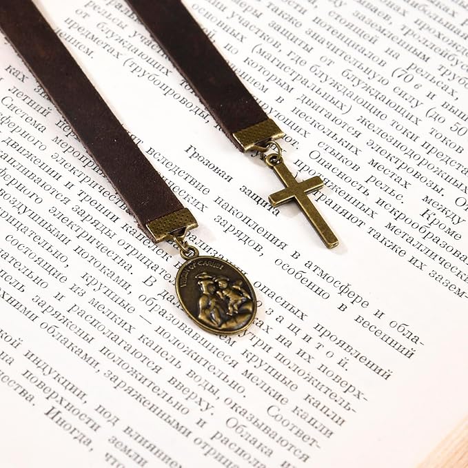 Bookmarks, Handmade Retro Cross Bible Bookmark with Long Leather Straps, Christian Saint Book Mark, Ideal Christian Gift (Style 3)