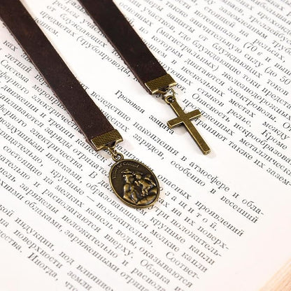 Bookmarks, Handmade Retro Cross Bible Bookmark with Long Leather Straps, Christian Saint Book Mark, Ideal Christian Gift (Style 3)