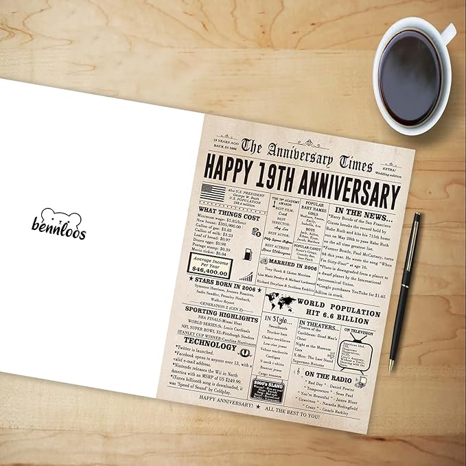 Funny 19 Years Anniversary Card for Her Him, Sweet 19th Wedding Anniversary Card for Husband Wife Couple, Large 19th Anniversary Cards for Parents