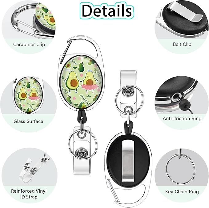 Cute Avocado Badge Reels Retractable with Carabiner Reel Clip, ID Badge Holder Case with Detachable Lanyard Keychain, Nurse Doctor Office School Teacher Name Credit Card Pocket