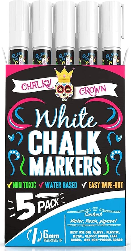 CHALKY CROWN Liquid Chalk Marker Pen - White Drawing Chalk - Chalkboard Markers for Chalkboard Signs, Windows, Blackboard, Glass - 6mm Reversible Tip (5 Pack)