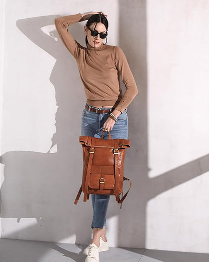 Genuine Leather Backpack for Men & Women, Rolltop Laptop Bookbag, Vintage Back Pack Rucksack for work & travel, Brown (Tan)