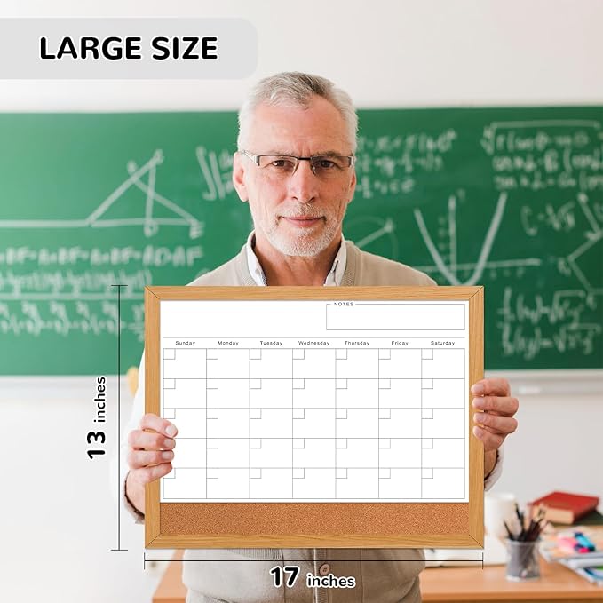 Dry Erase Monthly Calendar Board for Wall, 17"x13" Hanging Board, Magnetic White Boards, Rustic Brown Wood Frame White Board Cork Board Combo, Calendar Bulletin Board for Kitchen Planner Memo Office