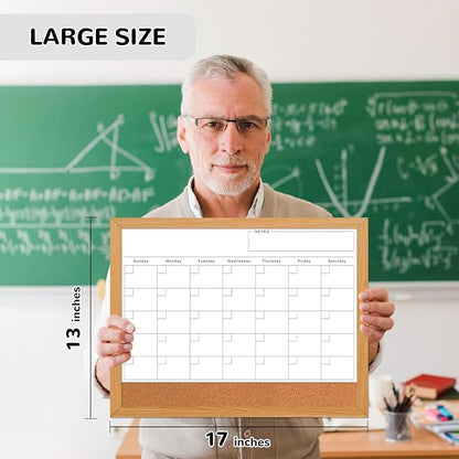 Dry Erase Monthly Calendar Board for Wall, 17"x13" Hanging Board, Magnetic White Boards, Rustic Brown Wood Frame White Board Cork Board Combo, Calendar Bulletin Board for Kitchen Planner Memo Office