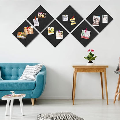 AKTOP Cork Board Bulletin Board 12x12, 1/2" Thick Felt Cork Board Tiles 6 Pack, Small Square Pin Board for Wall, Self Adhesive Corkboards with 60 Push Pin Wood Clips for School, Home & Office, Black