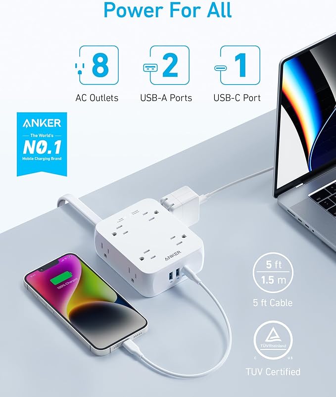 Anker Surge Protector Flat Plug Power Strip 2000J, 5ft Thin Extension Cord with 8 Outlets, 2 USB A and 1 USB C Port, 20W for iPhone15, Wall Mount, Compact for Home, Office, Room, TUV Listed