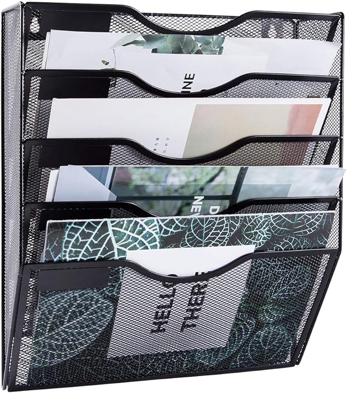 EASEPRES 5 Pocket Mesh Hanging Wall File Organizer, Wall Mounted Mail Paper Document Folder Holder, Clipboard Storage Organization Magazine Rack with Nametag Label for Office Home School, Black