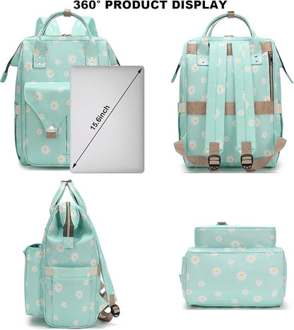 Flowers Laptop Backpack College School Backpack Bookbags Nurse Backpacks Travel Bags for Women Girls Fits 15.6 Inch Notebook (Daisy Green)