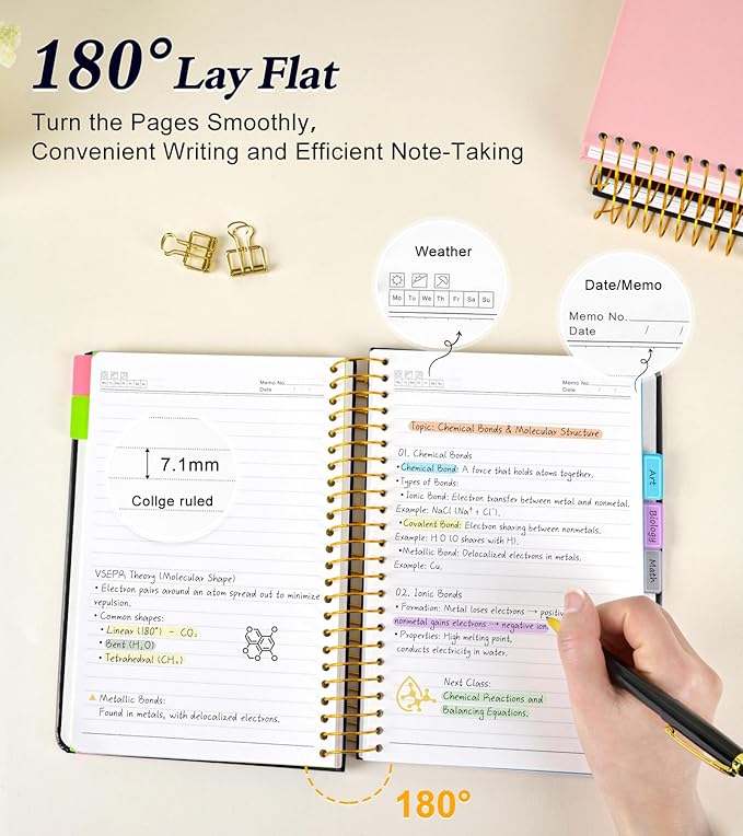 5 Subject Notebook College Ruled with Removable Pocket Dividers Tabs, 240 Pages Spiral Notebook 8.5 x 11, Lined Journal Notebook for Women , Hardcover Notebooks for Work School Note taking A4 Black
