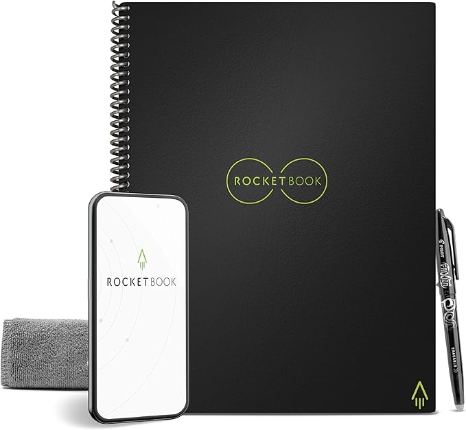 Rocketbook Core Reusable Spiral Notebook, Letter Size 8.5x11, Black - Lined Pages, App-Connected, Erasable, Durable Cover, Ideal for School, Work, and Creative Projects