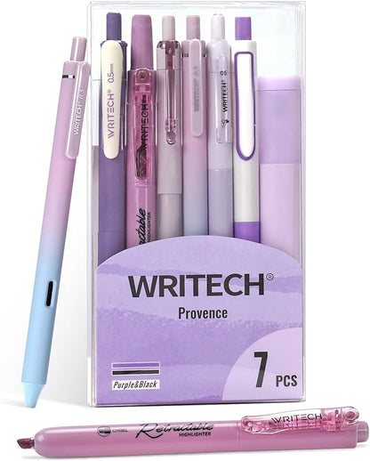WRITECH Gel Pens Journaling Highlighters: Journal Set Aesthetic Assorted Pastel Color Ink 0.5mm Fine Point Retractable 0.7mm Black Pen Smooth Writing Drawing No Bleed 7ct (Purple)