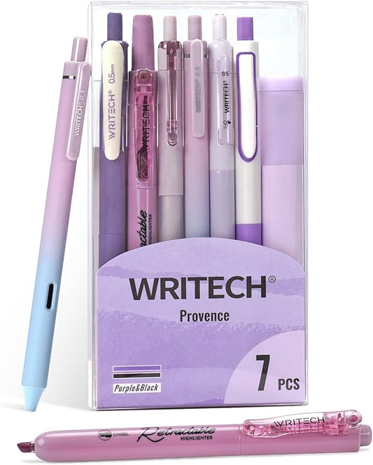WRITECH Gel Pens Journaling Highlighters: Journal Set Aesthetic Assorted Pastel Color Ink 0.5mm Fine Point Retractable 0.7mm Black Pen Smooth Writing Drawing No Bleed 7ct (Purple)