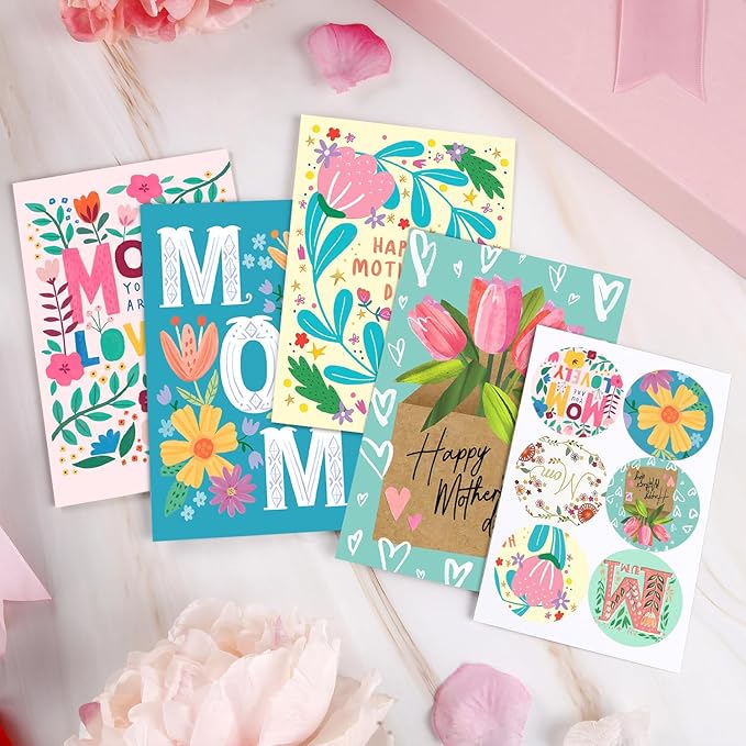 Quera 20 Pcs Happy Mother's Day Greeting Cards Modern Floral Blank Note Cards With Kraft Envelopes Mother'S Day Present Gift Box Assorted Cards For Holiday Party Celebration Flowers Cards-4X6
