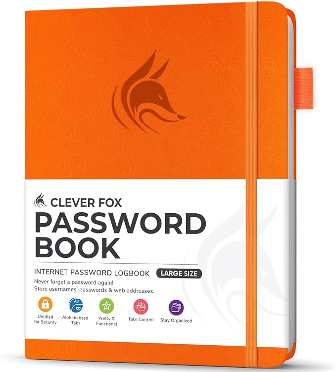 Clever Fox Password Book with Alphabetical tabs. Internet Address Organizer Logbook. Large Password Keeper for Website Logins (Orange)