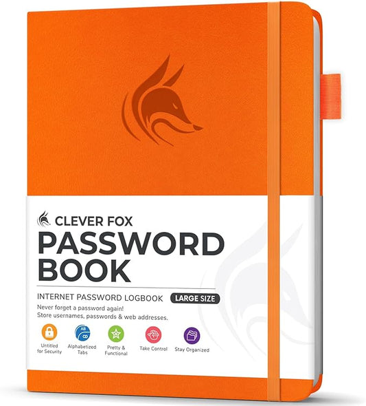 Clever Fox Password Book with Alphabetical tabs. Internet Address Organizer Logbook. Large Password Keeper for Website Logins (Orange)