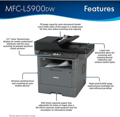 Brother Monochrome Laser Printer, Multifunction Printer, All-in-One Printer, MFC-L5900DW, Wireless Networking, Mobile Printing & Scanning, Duplex Print, Copy & Scan, Amazon Dash Replenishment Ready