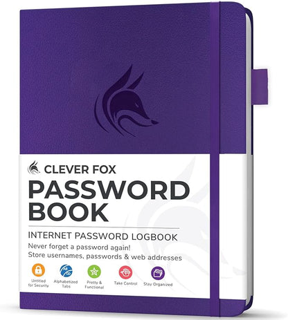 Clever Fox Password Book with Alphabetical tabs. Internet Address Organizer Logbook. Small Pocket Password Keeper for Website Logins (Purple)