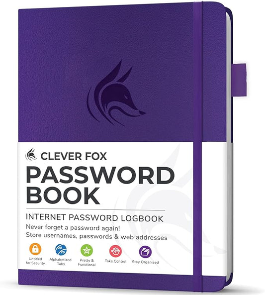 Clever Fox Password Book with Alphabetical tabs. Internet Address Organizer Logbook. Small Pocket Password Keeper for Website Logins (Purple)