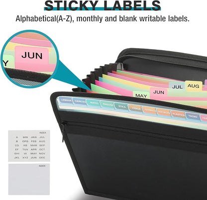 H4D 13 Pocket Expanding File Folder Organizer with Front Clear Pounch, Accordion File Organizer with Zipper Clourse, Fit for Letter Size Papers, Black