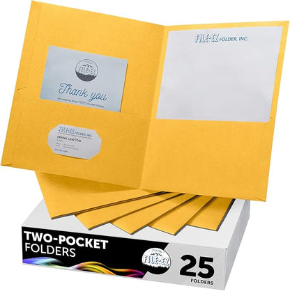 FILE-EZ Two-Pocket Folders, Yellow, 25-Pack, Textured Paper, Letter Size (EZ-32570)