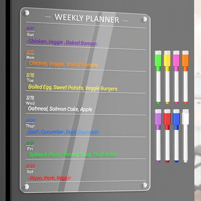 Acrylic Weekly Planner Board Meal Planner Magnetic Menu Board for Kitchen Fridge w/ 8 Markers, Clear Weekly Calendar Planning Dry Erase Board Noteboard to Do Grocery Shopping List, 12x9’’
