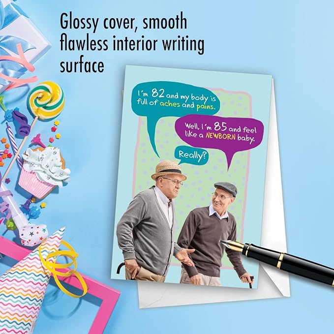 NobleWorks - 1 Funny Happy Birthday Greeting Card - Retro Old Man Humor, Notecard Talk Bubbles - Old Baby C7199BDG