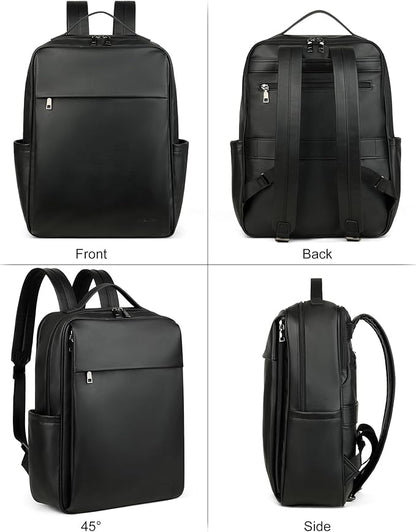 MASINTOR 15.6 inch PU Leather Laptop Backpack Purse for Women, Large College Casual Backpack Travel Bag Black