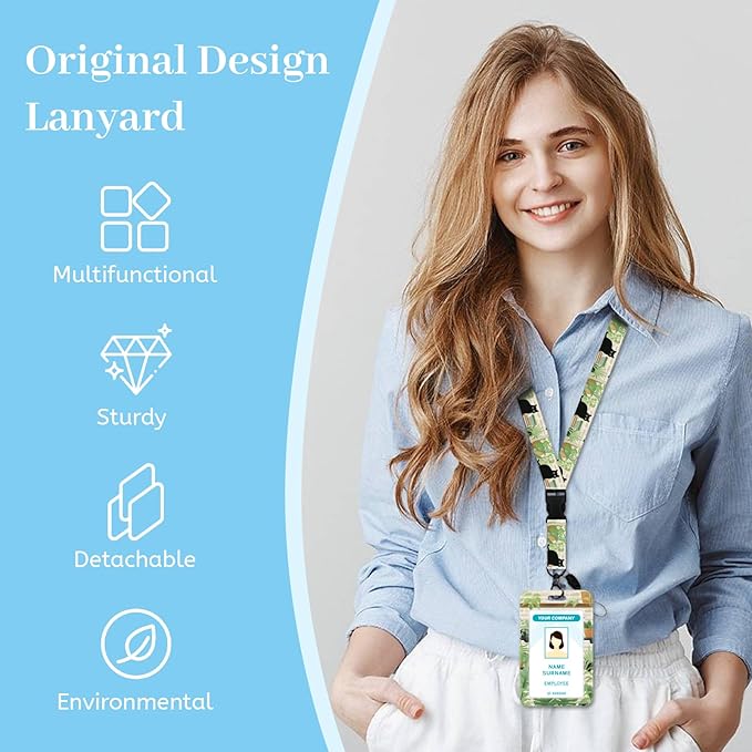 Lanyards for Id Badges, Black Cat Leaves Badge Holder with Retractable Reel Clip, Cute Work Name Tags Keychain Lanyard ID Card Protector Cover Case for Women Teacher Nurse Doctor Office