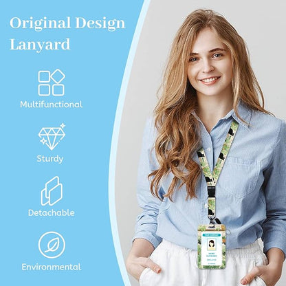 Lanyards for Id Badges, Black Cat Leaves Badge Holder with Retractable Reel Clip, Cute Work Name Tags Keychain Lanyard ID Card Protector Cover Case for Women Teacher Nurse Doctor Office