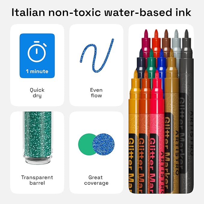 ARTISTRO 12 Glitter Paint Pens Sparkly and Shiny for Rock Painting, Stone, Ceramic, Glass, Wood, Fabric, Scrapbooking, DIY Craft Making, Coloring, Acrylic Glitter Markers Extra-Fine Tip 0.7mm