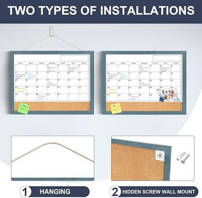 Whiteboard Calendar & Corkboard for Wall, 17"x13" Dry Erase Monthly Calendar with Wood Framed, Magnetic White Board Cork Board Combo, Calendar Bulletin Board for Home Office Kitchen Memo Planner
