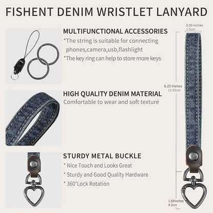 Fishent Denim Wristlet Keychain for Women Men, Cute Key Chain, Wrist Lanyards for Car Keys ID Badge Wallet Card Holder