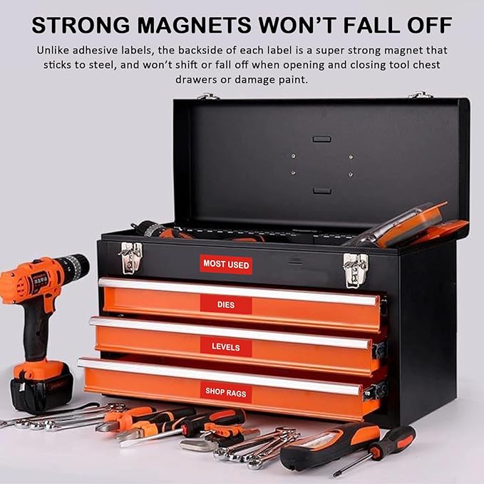 Tool Box Organization Magnetic Labels,Tool Chest Organizer Labels with Strong Magnets,Easy to Read Printing - Fits All Brands of Steel Tool Box Drawers,Red-(72 Pcs, 4 x 1 Inches)
