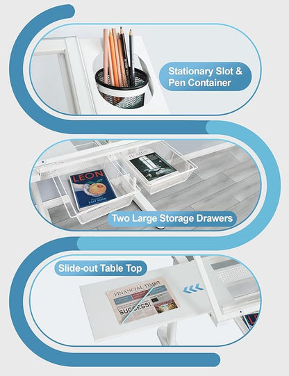 Hand Adjustable Height Drafting Table Artist Drawing Table Multifunctional Art Craft Artists Desk Tilting Glass Tabletop Glass Topped Art Desk Work Station With Stool and Chair for Home Office White