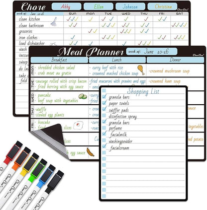 Magnetic Dry Erase Chore Chart and Menu Board - 8.5"x13" Chore Board and Meal Planner for Fridge - 6.5"x8.5" List Board and 6 Extra Fine Point Markers Included - Shipped Flat