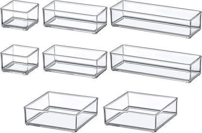Amazing Abby - QuickSort - Plastic Stackable Organizers (8-Piece Set) for Vanity and Desk Drawer, Perfect Storage Solution for Beauty Products, Office Supplies, Decorative Items, and More
