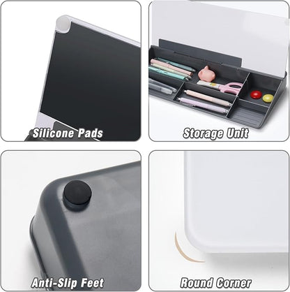 SELEAD Desktop Glass Whiteboard with Organizer, Markers, Eraser, Holder - Small Dry Erase White Board Computer Pad Keyboard Stand for Home, School, Office Desk Accessories - Grey