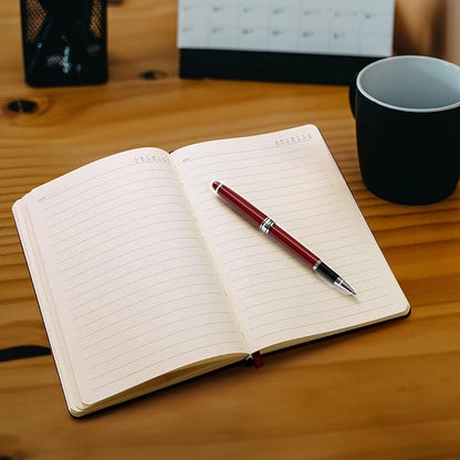 A5 Leather Journal Notebook with Pen, 200 Pages Hardcover Journal with Pocket, 100gsm Thick Lined Paper Daily Diary for Men and Women, Great Gift for Business School Travel Personal - Brown