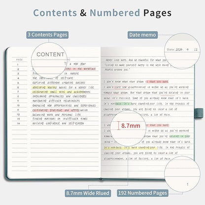 AHGXG Wide Ruled Notebook for School - Lined Journal for Women Men, 192 Numbered Pages, 100 GSM Thick Paper, A5 Hardcover Leather Notebook for Work, Writing, 5.7"×8.3" - Gray Blue