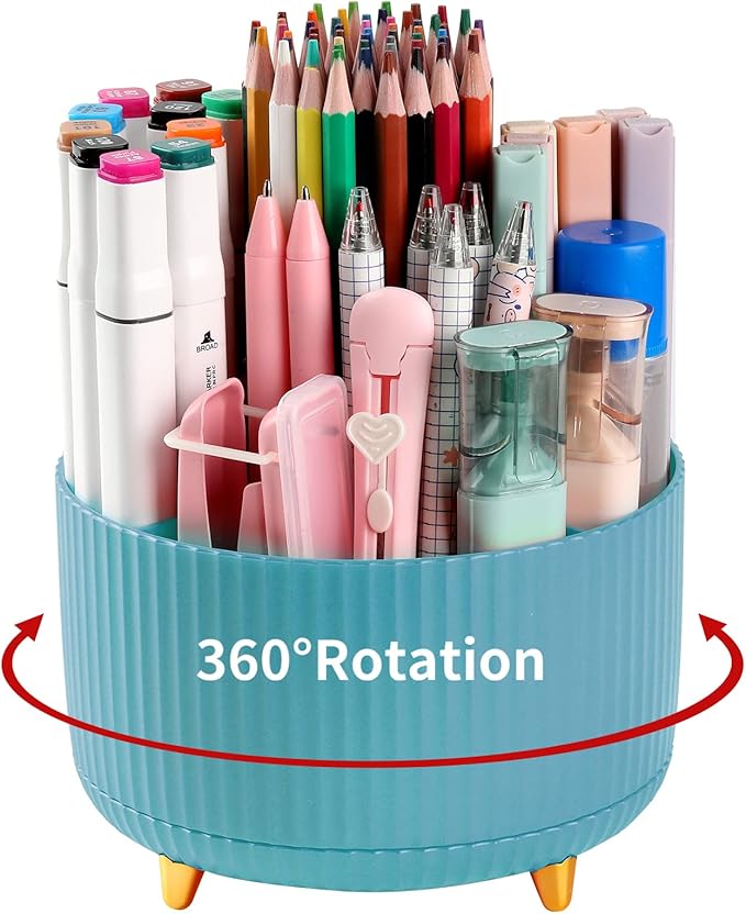 Desk Pencil Pen Holder, 5 Slots 360°Degree Rotating Organizers for, Desktop Storage Stationery Supplies Organizer, Cute Cup Pot Office, School, Home, Art Supply, Blue